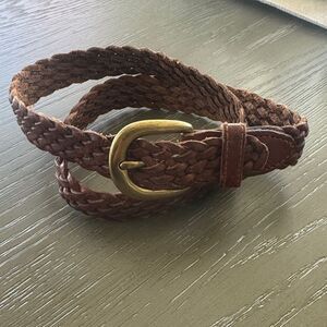 Fossil Braided Brown Leather Belt with Solid Brass Antiqued Gold Buckle Size S
